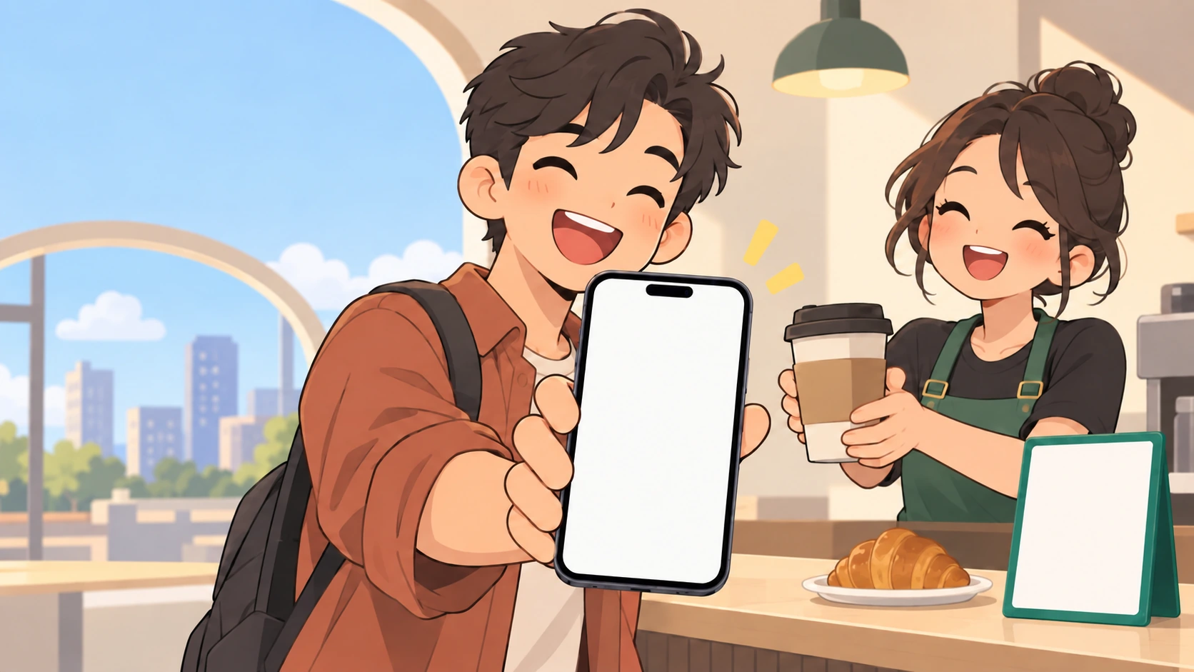 Illustration of a customer scanning a café’s QR sign with their phone. Payment feature coming soon.